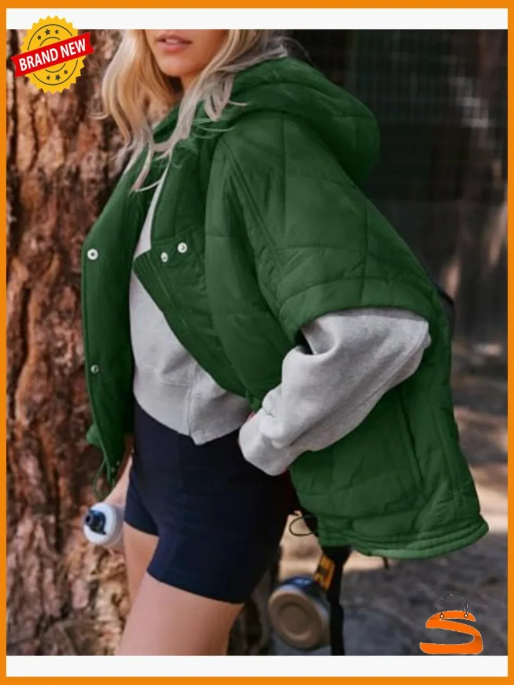 Oversized Stand Collar Quilted Puffer Vest Cap Sleeve Zip Up Hooded Coat - Picture 5 of 6